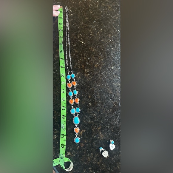 Navajo Betta Lee Spiny Oyster & Turquoise Heart SS Lariat & Earrings Set - Picture 7 of 8